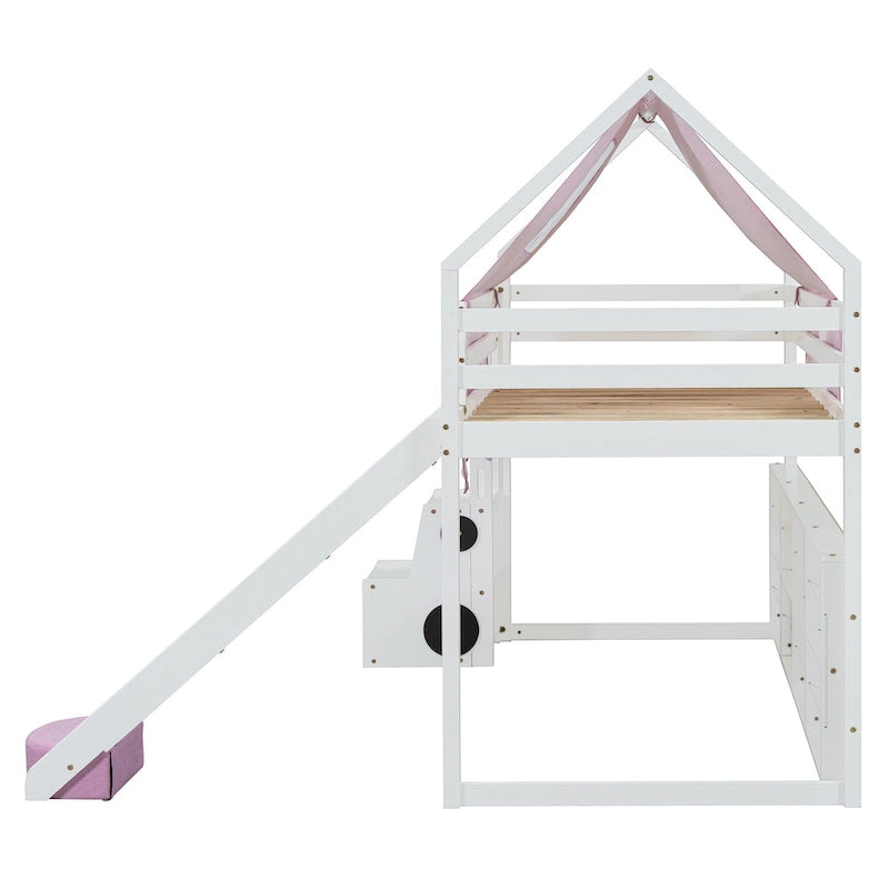 Twin Loft Bed with Play Tent, House Design, Slide & Ladder
