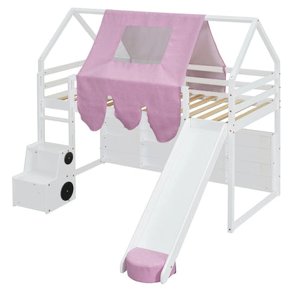 Twin Loft Bed with Play Tent, House Design, Slide & Ladder