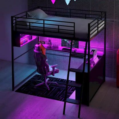 Full Metal Loft Bed with LED Desk & Storage