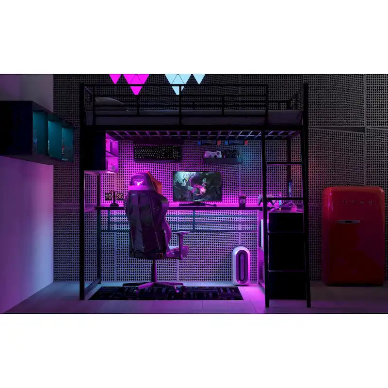 Full Metal Loft Bed with LED Desk & Storage