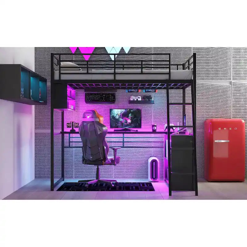 Full Metal Loft Bed with LED Desk & Storage