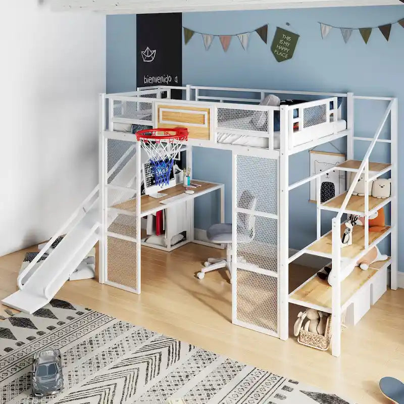Full Metal Loft Bed with Hoop, Slide & Workstation
