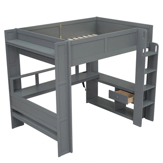 Full Size Loft Bed w/Desk,Multi-storage Shelves,LED,Charging Station
