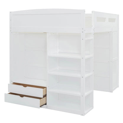 Full Size Loft Bed with Desk, Wardrobes, 4 Drawers and 4 Shelves-White