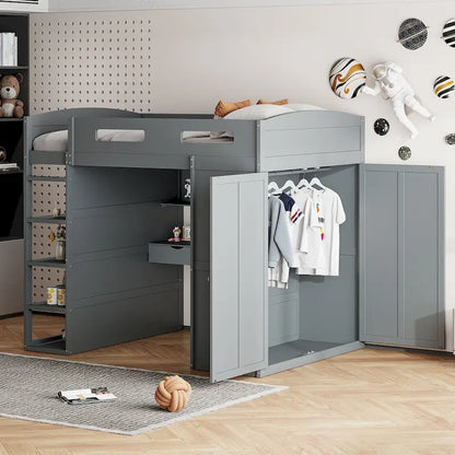 Full Size Loft Bed with Desk, Wardrobes, 4 Drawers and 4 Shelves-White