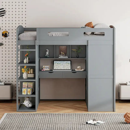 Full Size Loft Bed with Desk, Wardrobes, 4 Drawers and 4 Shelves-White