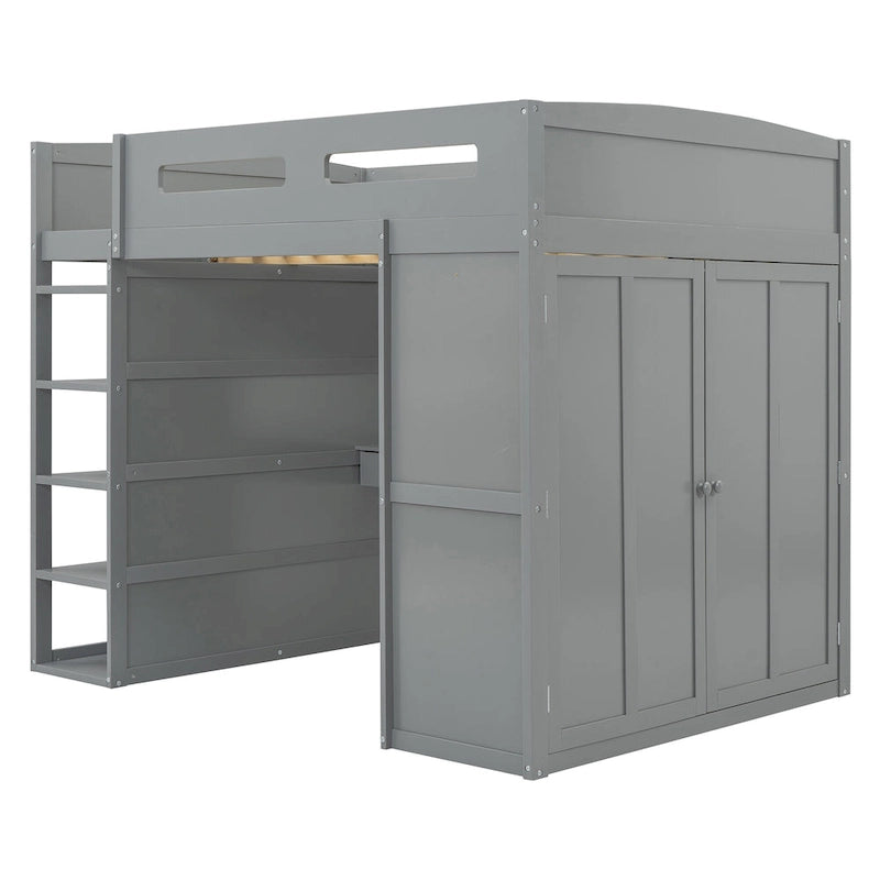 Full Size Loft Bed with Desk, Wardrobes, 4 Drawers and 4 Shelves-White