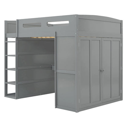 Full Size Loft Bed with Desk, Wardrobes, 4 Drawers and 4 Shelves-White