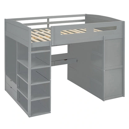 Full Size Loft Bed with Desk, Wardrobes, 4 Drawers and 4 Shelves-White