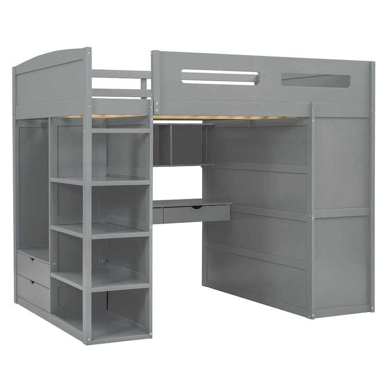 Full Size Loft Bed with Desk, Wardrobes, 4 Drawers and 4 Shelves-White