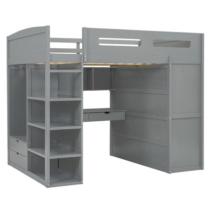 Full Size Loft Bed with Desk, Wardrobes, 4 Drawers and 4 Shelves-White