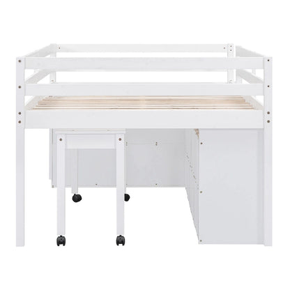 Full Size Loft Bed w/ Retractable Writing Desk & 4 Drawers, Wooden Loft Bed w/ Lateral Portabhite