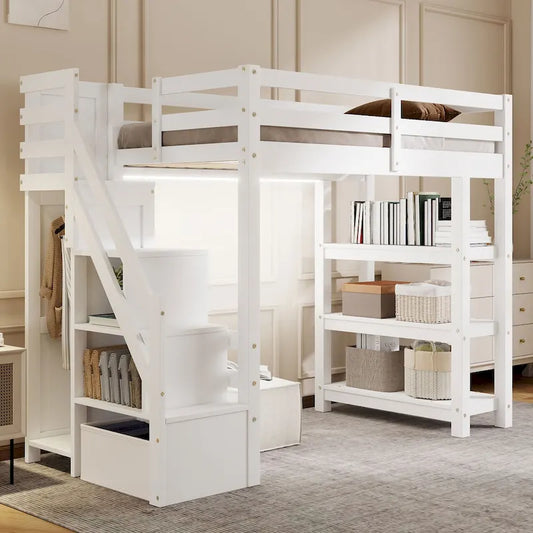 Twin Size Loft Bed with Shelves, Storage Staircase, Small Wardrobe and White LED Light, White