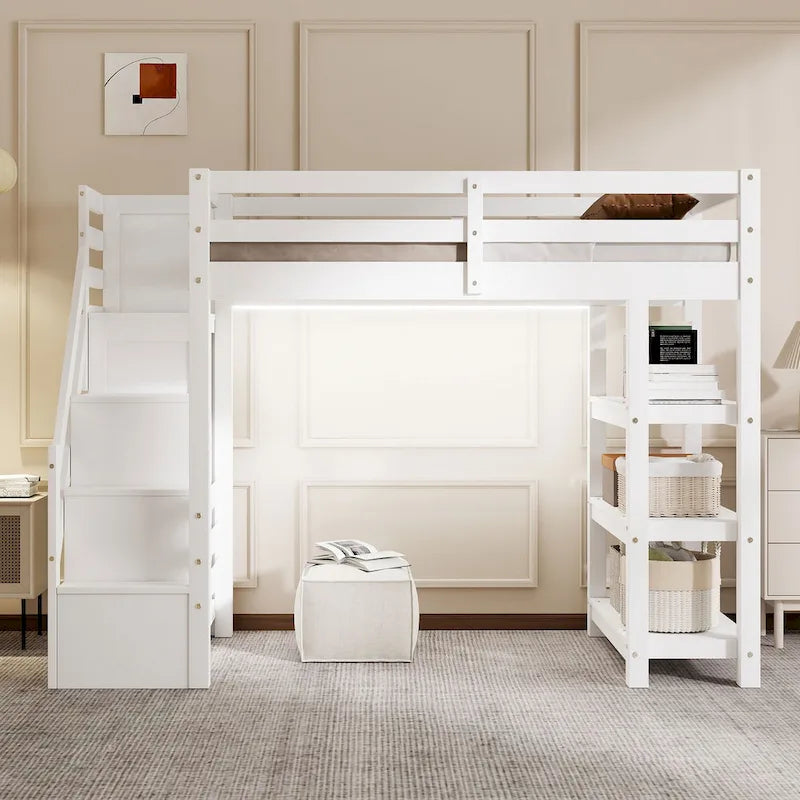 Twin Size Loft Bed with Shelves, Storage Staircase, Small Wardrobe and White LED Light, White