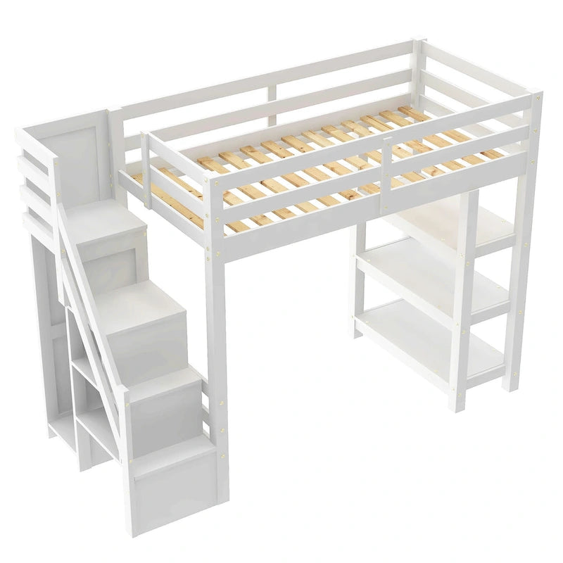 Twin Size Loft Bed with Shelves, Storage Staircase, Small Wardrobe and White LED Light, White