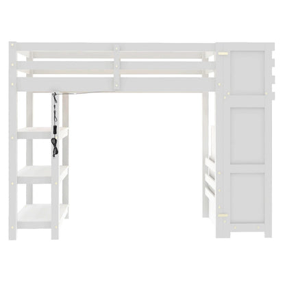 Twin Size Loft Bed with Shelves, Storage Staircase, Small Wardrobe and White LED Light, White