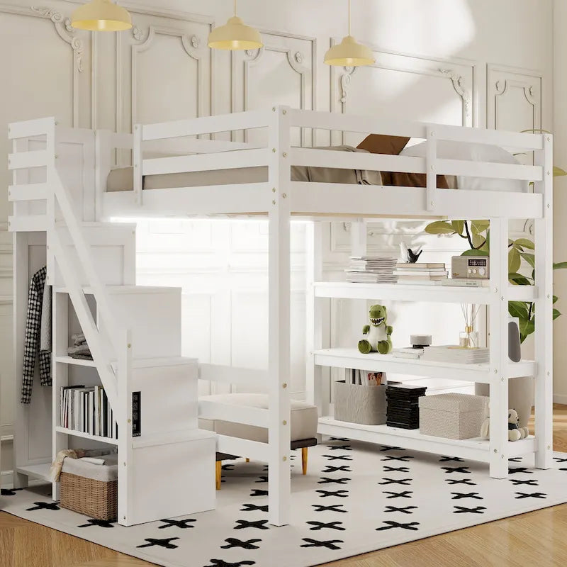 Twin Size Loft Bed with Shelves, Storage Staircase, Small Wardrobe and White LED Light, White