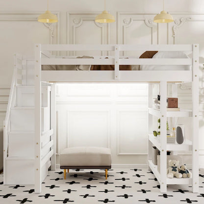 Twin Size Loft Bed with Shelves, Storage Staircase, Small Wardrobe and White LED Light, White