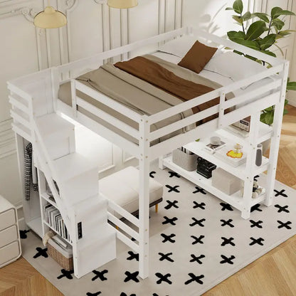 Twin Size Loft Bed with Shelves, Storage Staircase, Small Wardrobe and White LED Light, White