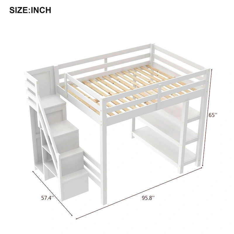 Twin Size Loft Bed with Shelves, Storage Staircase, Small Wardrobe and White LED Light, White