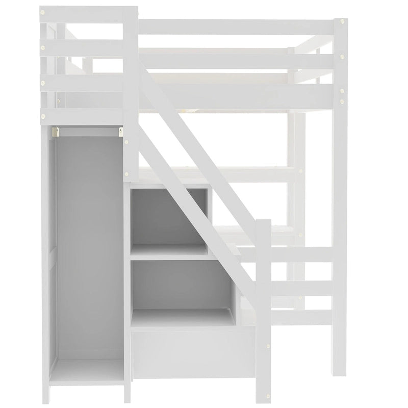 Twin Size Loft Bed with Shelves, Storage Staircase, Small Wardrobe and White LED Light, White