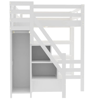 Twin Size Loft Bed with Shelves, Storage Staircase, Small Wardrobe and White LED Light, White