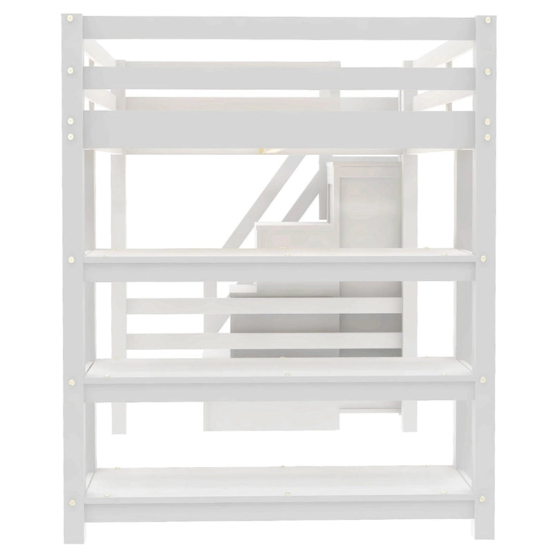 Twin Size Loft Bed with Shelves, Storage Staircase, Small Wardrobe and White LED Light, White