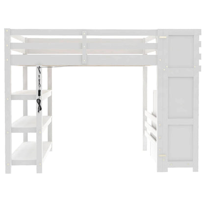 Twin Size Loft Bed with Shelves, Storage Staircase, Small Wardrobe and White LED Light, White