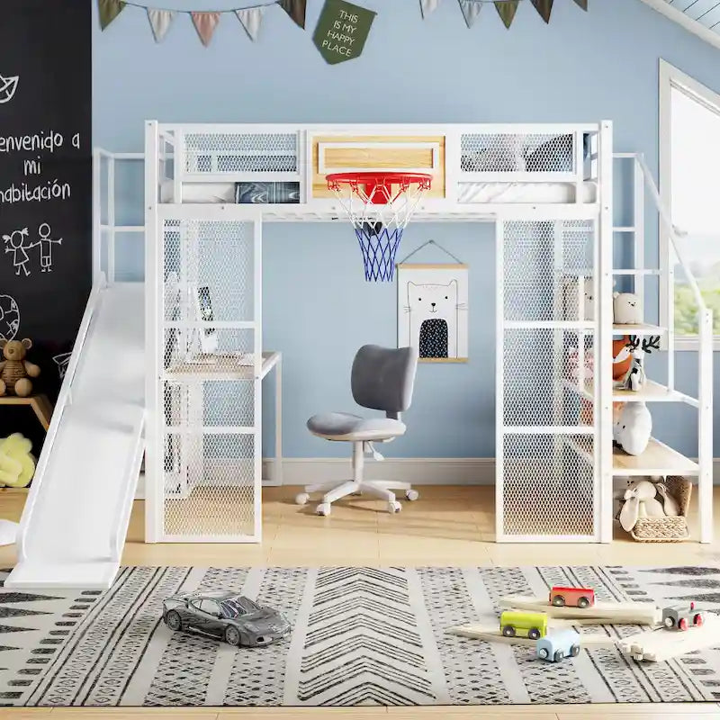 Industrial Full Size Loft Bed with Basketball Hoop, Slide & Stairs, Heavy Duty Metal Loft Bed Frame with Shelf, Desk & Wardrobe
