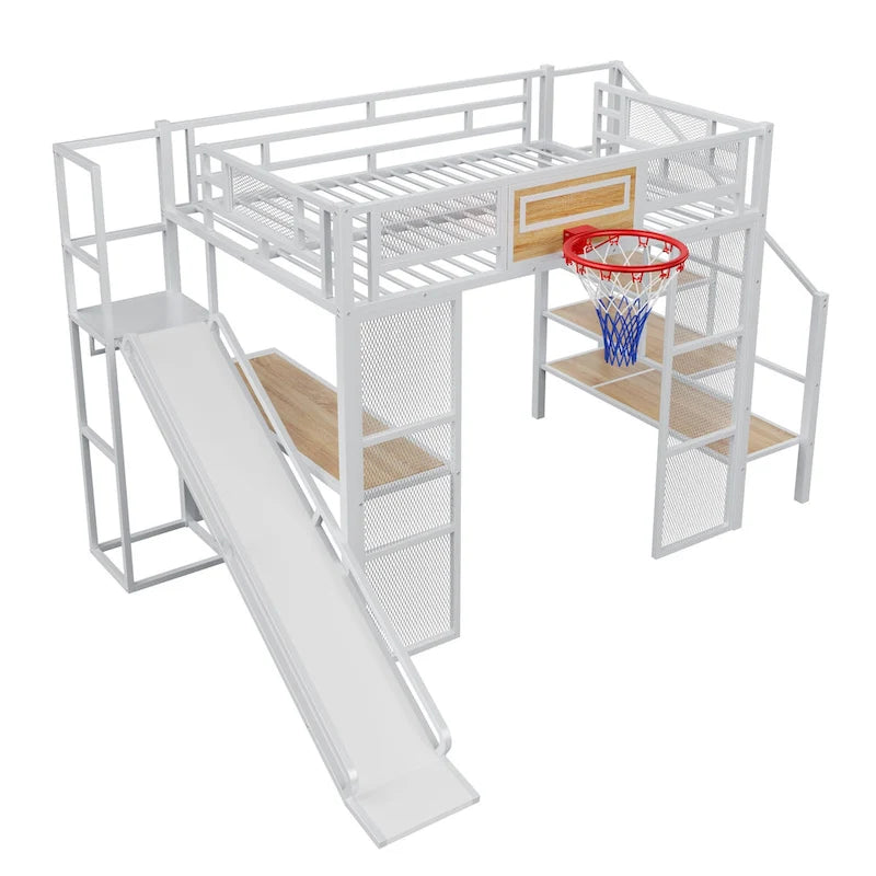 Industrial Full Size Loft Bed with Basketball Hoop, Slide & Stairs, Heavy Duty Metal Loft Bed Frame with Shelf, Desk & Wardrobe