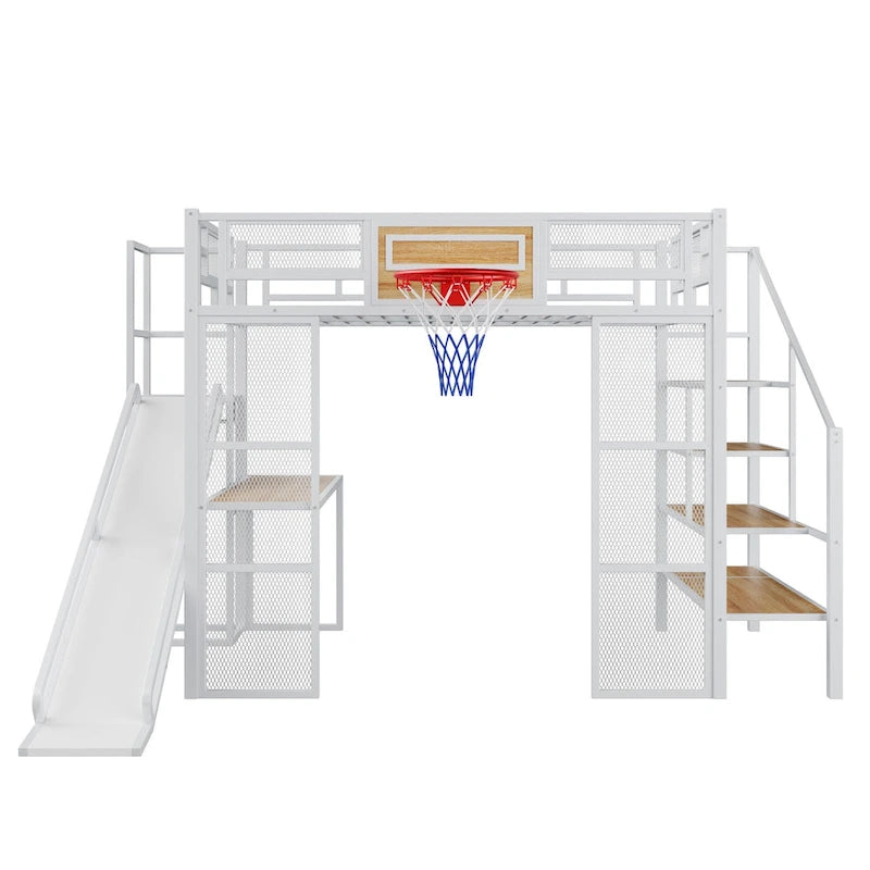 Industrial Full Size Loft Bed with Basketball Hoop, Slide & Stairs, Heavy Duty Metal Loft Bed Frame with Shelf, Desk & Wardrobe