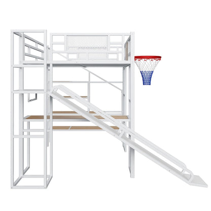 Industrial Full Size Loft Bed with Basketball Hoop, Slide & Stairs, Heavy Duty Metal Loft Bed Frame with Shelf, Desk & Wardrobe