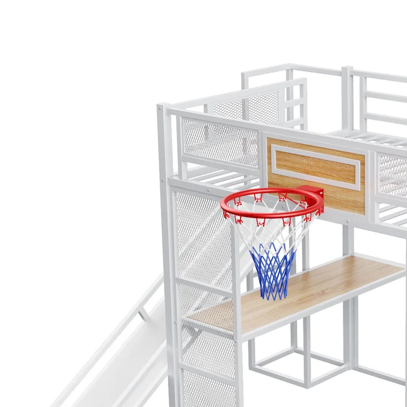 Industrial Full Size Loft Bed with Basketball Hoop, Slide & Stairs, Heavy Duty Metal Loft Bed Frame with Shelf, Desk & Wardrobe