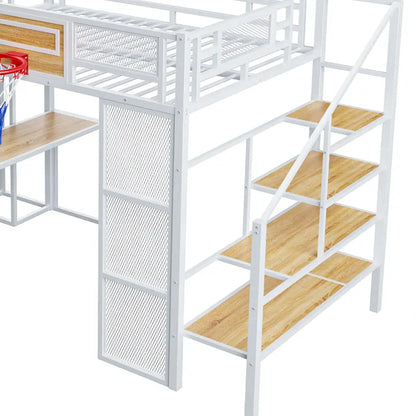 Industrial Full Size Loft Bed with Basketball Hoop, Slide & Stairs, Heavy Duty Metal Loft Bed Frame with Shelf, Desk & Wardrobe