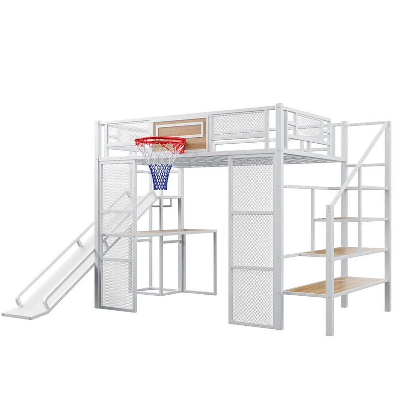 Industrial Full Size Loft Bed with Basketball Hoop, Slide & Stairs, Heavy Duty Metal Loft Bed Frame with Shelf, Desk & Wardrobe