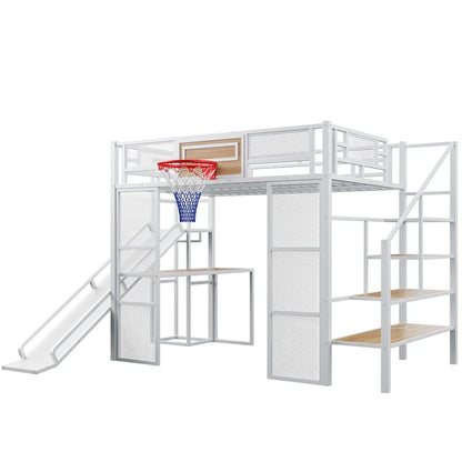 Industrial Full Size Loft Bed with Basketball Hoop, Slide & Stairs, Heavy Duty Metal Loft Bed Frame with Shelf, Desk & Wardrobe