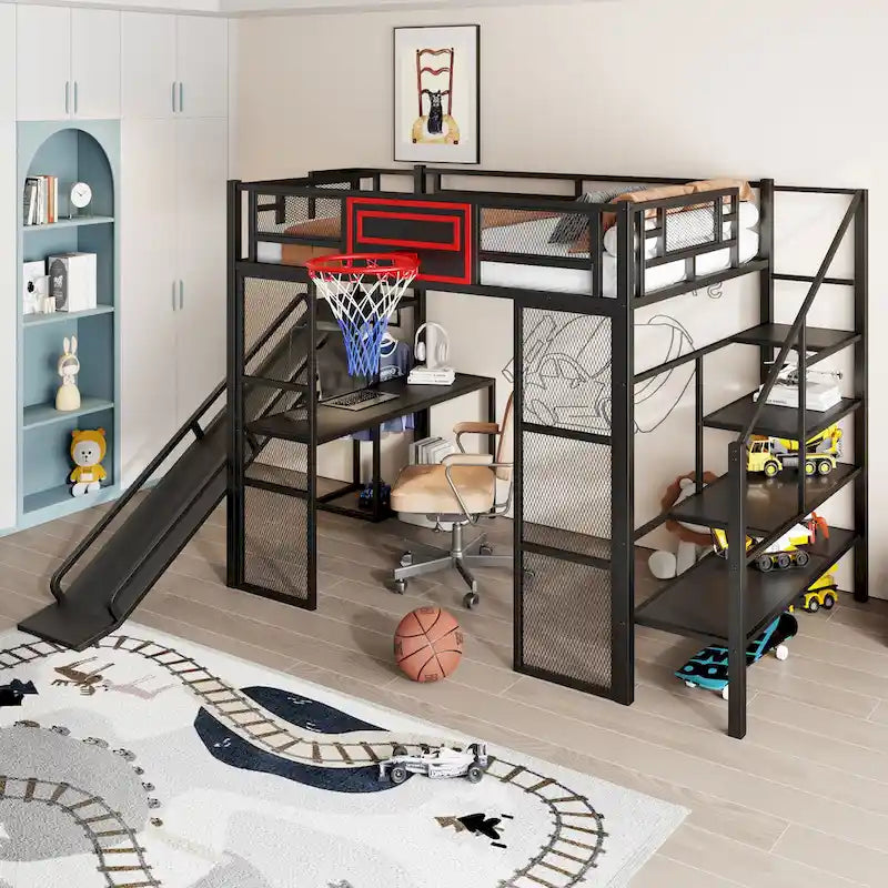 Industrial Full Size Loft Bed with Basketball Hoop, Slide & Stairs, Heavy Duty Metal Loft Bed Frame with Shelf, Desk & Wardrobe