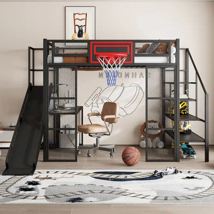Industrial Full Size Loft Bed with Basketball Hoop, Slide & Stairs, Heavy Duty Metal Loft Bed Frame with Shelf, Desk & Wardrobe