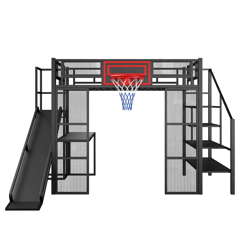 Industrial Full Size Loft Bed with Basketball Hoop, Slide & Stairs, Heavy Duty Metal Loft Bed Frame with Shelf, Desk & Wardrobe