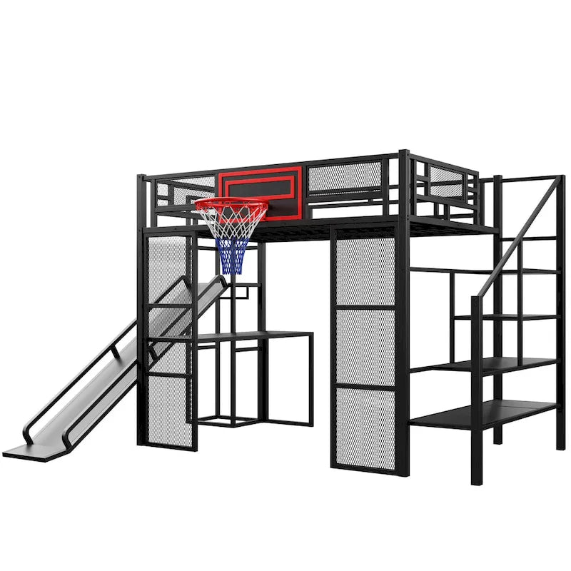 Industrial Full Size Loft Bed with Basketball Hoop, Slide & Stairs, Heavy Duty Metal Loft Bed Frame with Shelf, Desk & Wardrobe