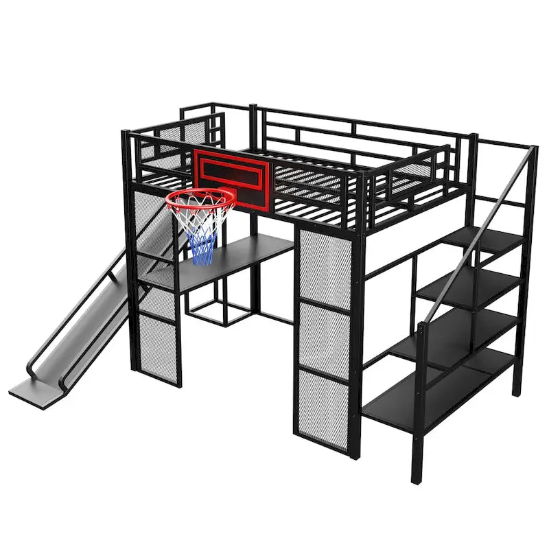 Industrial Full Size Loft Bed with Basketball Hoop, Slide & Stairs, Heavy Duty Metal Loft Bed Frame with Shelf, Desk & Wardrobe