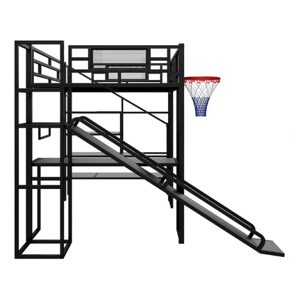 Industrial Full Size Loft Bed with Basketball Hoop, Slide & Stairs, Heavy Duty Metal Loft Bed Frame with Shelf, Desk & Wardrobe