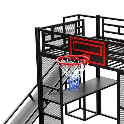Industrial Full Size Loft Bed with Basketball Hoop, Slide & Stairs, Heavy Duty Metal Loft Bed Frame with Shelf, Desk & Wardrobe