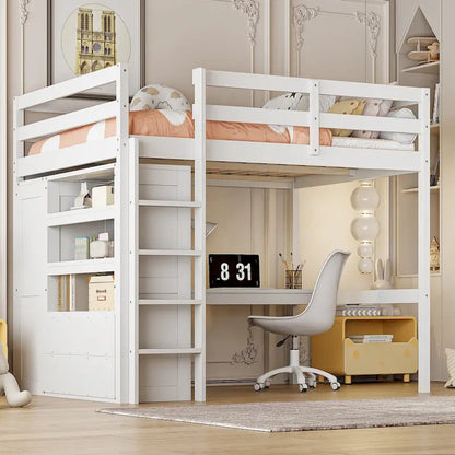 Full Size Pinewood Loft Bed with Built-in Study Desk and Wardrobe, Storage Shelves and 2 Drawers, Full-length Guardrails