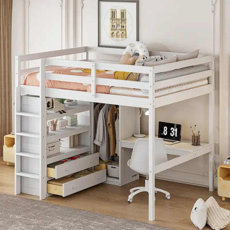 Full Size Pinewood Loft Bed with Built-in Study Desk and Wardrobe, Storage Shelves and 2 Drawers, Full-length Guardrails