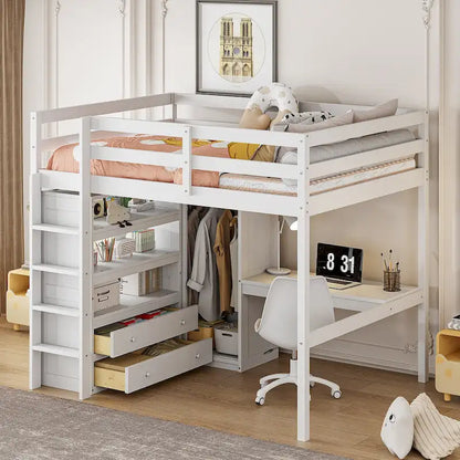 Full Size Pinewood Loft Bed with Built-in Study Desk and Wardrobe, Storage Shelves and 2 Drawers, Full-length Guardrails