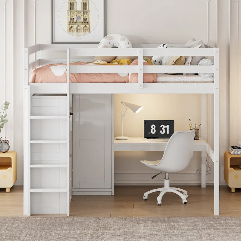 Full Size Pinewood Loft Bed with Built-in Study Desk and Wardrobe, Storage Shelves and 2 Drawers, Full-length Guardrails