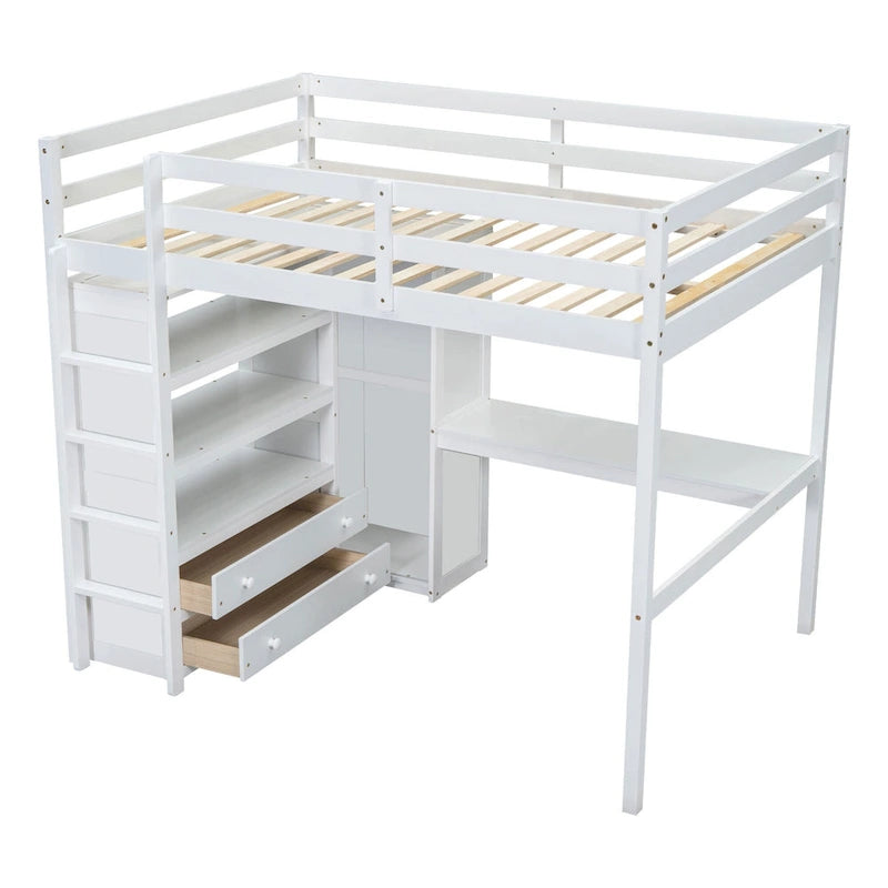 Full Size Pinewood Loft Bed with Built-in Study Desk and Wardrobe, Storage Shelves and 2 Drawers, Full-length Guardrails