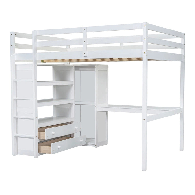 Full Size Pinewood Loft Bed with Built-in Study Desk and Wardrobe, Storage Shelves and 2 Drawers, Full-length Guardrails