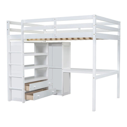 Full Size Pinewood Loft Bed with Built-in Study Desk and Wardrobe, Storage Shelves and 2 Drawers, Full-length Guardrails